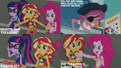 Size: 4400x2475 | Tagged: safe, edit, edited screencap, editor:quoterific, imported from derpibooru, screencap, carrot bun, pinkie pie, sci-twi, sunset shimmer, twilight sparkle, human, equestria girls, equestria girls series, x marks the spot, clothes, confused, disappointed, eyepatch, eyes closed, female, glasses, grin, gritted teeth, hat, open mouth, open smile, outstretched arms, pirate hat, smiling, swimsuit, teeth