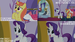 Size: 4400x2475 | Tagged: safe, edit, edited screencap, editor:quoterific, imported from derpibooru, screencap, citrus blush, rarity, pony, unicorn, canterlot boutique, season 5, clothes, dress, eyes closed, eyeshadow, female, happy, hoof on chest, magic, makeup, mare, open mouth, open smile, pleased, sewing machine, smiling, telekinesis