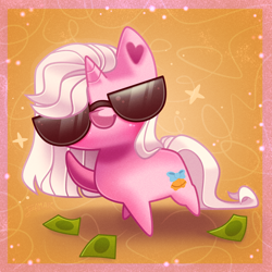 Size: 5000x5000 | Tagged: safe, artist:irinamar, imported from derpibooru, oc, oc only, oc:sweet bronco, pony, unicorn, awww, bills, blushing, chibi, commission, cool, cute, daaaaaaaaaaaw, digital art, full body, glasses, horn, looking at you, male, money, simple background, smiling, smiling at you, solo, sparkles, stallion, sunglasses, unicorn oc