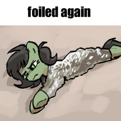 Size: 332x333 | Tagged: safe, artist:plunger, imported from derpibooru, oc, oc only, oc:filly anon, earth pony, pony, drawthread, female, filly, foil, image, lying down, meme, on side, png, ponified animal photo, ponified meme, pun, reference in the description, solo, tinfoil, underhoof, visual pun, wrapped up