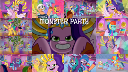 Size: 2000x1125 | Tagged: safe, edit, edited screencap, editor:quoterific, imported from derpibooru, screencap, hitch trailblazer, izzy moonbow, nightmare moon, pipp petals, sunny starscout, earth pony, pegasus, pony, unicorn, spoiler:g5, spoiler:my little pony: tell your tale, spoiler:tyts01e30, alpine aspen, cherry flyaway, cosplay, costume, delightful trifle, female, g5, glory (g5), jazz hooves, lemon gear, male, mare, minty skylark, misty brightdawn, monster party (song), my little pony: tell your tale, nightmare moon armor, nightmare night costume, nightmare night party, nightmare sunny, peach fizz, pippsqueak trio, pippsqueaks, plum library, rufus, seashell (g5), stallion, sugarpuff lilac, the grady girls