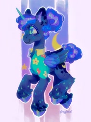 Size: 1542x2048 | Tagged: safe, artist:p0nyplanet, imported from derpibooru, princess luna, alicorn, pony, between dark and dawn, abstract background, clothes, shirt, smiling, solo