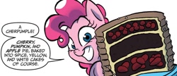 Size: 1334x574 | Tagged: safe, artist:jay fosgitt, idw, imported from derpibooru, pinkie pie, earth pony, pony, friends forever, spoiler:comic, cake, cherpumple, dialogue, female, food, g4, mare, simple background, solo, speech bubble, white background