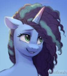 Size: 2189x2468 | Tagged: safe, artist:pasiflorah, imported from derpibooru, pony, unicorn, bust, cornrows, cute, female, g5, grin, mare, misty brightdawn, mistybetes, my little pony: make your mark, nervous, nervous grin, portrait, smiling, solo