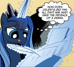 Size: 823x750 | Tagged: safe, artist:andypriceart, idw, imported from derpibooru, princess luna, alicorn, pony, my little pony micro-series, spoiler:comic, female, g4, levitation, magic, mare, paper, quill, solo, telekinesis, thought bubble