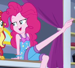 Size: 1038x944 | Tagged: safe, imported from derpibooru, screencap, pinkie pie, sunset shimmer, human, equestria girls, equestria girls series, sunset's backstage pass!, spoiler:eqg series (season 2), bare shoulders, clothes, cropped, feet, nightgown, pajamas, sleeveless