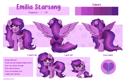 Size: 2800x1809 | Tagged: safe, artist:madelinne, imported from derpibooru, oc, oc only, oc:emilia starsong, pegasus, pony, baby, cheerful, female, filly, foal, mare, open mouth, open smile, pink, purple, reference sheet, simple background, smiling, solo