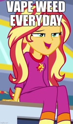 Size: 534x898 | Tagged: safe, imported from derpibooru, screencap, sunset shimmer, human, equestria girls, equestria girls series, sunset's backstage pass!, spoiler:eqg series (season 2), caption, clothes, cropped, drugs, high, image macro, implied drug use, marijuana, pajamas, solo, text, vape