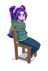 Size: 1784x2632 | Tagged: safe, artist:riouku, imported from derpibooru, aria blaze, human, equestria girls, rainbow rocks, abuse, arm behind back, bondage, breasts, chair, clothes, commission, converse, eyebrows, eyelashes, female, frown, glare, helpless, high res, hoodie, looking at you, rope, rope bondage, shoes, simple background, solo, tied to chair, tied up, white background