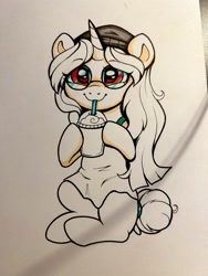 Size: 1536x2048 | Tagged: safe, artist:confetticakez, imported from derpibooru, oc, oc only, pony, unicorn, beanie, drink, glasses, hat, sipping, smiling, solo, traditional art