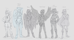 Size: 4636x2502 | Tagged: safe, artist:itssilver, imported from derpibooru, oc, oc only, oc:aux luminance, oc:blaze, oc:phase, oc:shining amber, oc:silver, oc:stormbringer, human, equestria girls, horn, horned humanization, humanized, ponied up, simple background, sketch, winged humanization, wings