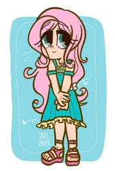 Size: 785x1165 | Tagged: safe, artist:oc_ponys, imported from derpibooru, fluttershy, human, blushing, clothes, cute, dress, eyebrows, eyebrows visible through hair, female, full body, humanized, japanese, looking away, no nose, sandals, shy, shyabetes, solo, standing