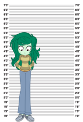 Size: 938x1384 | Tagged: safe, edit, imported from derpibooru, screencap, wallflower blush, human, equestria girls, arrested, clothes, cuffs, debate in the comments, handcuffed, hands behind back, looking down, mugshot, punish the villain, reality ensues, size chart, size comparison, solo