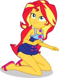 Size: 2482x3252 | Tagged: safe, alternate version, artist:dustinwatsongkx, imported from derpibooru, sunset shimmer, human, equestria girls, accessory swap, bare shoulders, clothes, clothes swap, female, geode of telekinesis, kneeling, magical geodes, one-piece swimsuit, sandals, sci-twi swimsuit, simple background, sleeveless, solo, swimsuit, swimsuit swap, transparent background