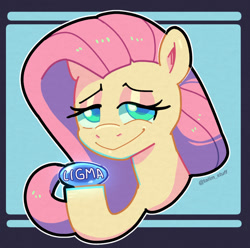 Size: 1010x1000 | Tagged: safe, artist:talimingi, imported from derpibooru, fluttershy, pegasus, pony, blue background, female, ligma, looking at you, meme, simple background, smiling, smiling at you, solo