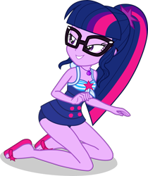 Size: 3125x3727 | Tagged: safe, artist:dustinwatsongkx, imported from derpibooru, sci-twi, twilight sparkle, human, equestria girls, equestria girls series, forgotten friendship, x marks the spot, bare shoulders, clothes, female, geode of telekinesis, glasses, kneeling, magical geodes, one-piece swimsuit, sandals, sci-twi swimsuit, simple background, sleeveless, solo, swimsuit, transparent background, vector