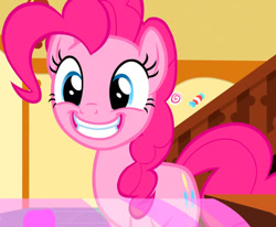 Size: 722x595 | Tagged: safe, imported from derpibooru, screencap, pinkie pie, earth pony, pony, school daze, season 8, spoiler:s08, cropped, cute, diapinkes, female, grin, mare, reaction image, smiling, solo, sugarcube corner, tumblr