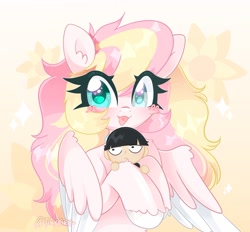 Size: 2048x1901 | Tagged: safe, artist:tinykiru, imported from derpibooru, oc, oc:ninny, human, pegasus, pony, eye clipping through hair, happy, open mouth, open smile, size difference, smiling