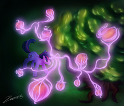 Size: 3500x3000 | Tagged: safe, artist:zawervet, imported from derpibooru, twilight sparkle, pony, unicorn, apple, food, magic, night, nightmare night, signature, solo, telekinesis, thief, tree, unicorn twilight