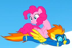 Size: 796x538 | Tagged: safe, imported from derpibooru, screencap, pinkie pie, spitfire, earth pony, pegasus, pony, season 7, secrets and pies, cropped, duo, duo female, female, flying, mare, riding, riding a pony