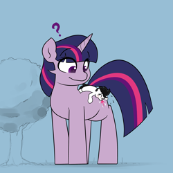 Size: 2713x2713 | Tagged: safe, artist:vipy, imported from derpibooru, twilight sparkle, oc, oc:vipy, earth pony, pony, unicorn, biting, giant pony, macro, outdoors, tree, unicorn twilight