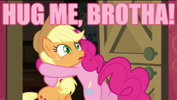 Size: 1920x1080 | Tagged: safe, edit, edited screencap, imported from derpibooru, screencap, applejack, pinkie pie, pinkie apple pie, caption, drake & josh, hug, image macro, text