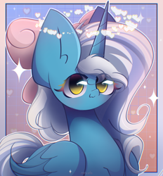 Size: 1950x2100 | Tagged: safe, artist:miryelis, imported from derpibooru, oc, oc only, oc:fleurbelle, alicorn, pony, bow, bust, female, gift art, heart, horn, long hair, looking at you, simple background, smiling, smiling at you, solo, wings