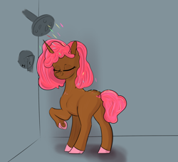 Size: 2248x2048 | Tagged: safe, artist:mostvaluedpony, imported from derpibooru, oc, oc:cuddle cakes, pony, unicorn, femboy, food, happy, male, poofy mane, shower, solo, sprinkle shower, sprinkles