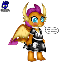 Size: 3840x4154 | Tagged: safe, artist:damlanil, imported from derpibooru, smolder, dragon, clothes, comic, cute, dragon wings, dragoness, duster, eyelashes, eyeshadow, female, happy, horns, latex, looking at you, maid, makeup, rubber, shiny, show accurate, simple background, smiling, smolderbetes, solo, speech bubble, standing, text, transparent background, vector, wings