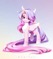 Size: 3000x3344 | Tagged: source needed, safe, alternate version, artist:inowiseei, imported from derpibooru, oc, oc only, oc:twinkling, pegasus, pony, :3, chest fluff, colored ear fluff, colored ear tufts, colored hooves, colored wings, ear tufts, female, gradient background, gradient mane, gradient tail, hair over one eye, long tail, mare, modified, pale belly, pegasus oc, smiling, solo, tail, two toned wings, walking, wings