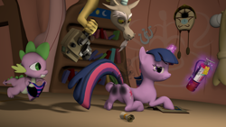 Size: 3840x2160 | Tagged: safe, artist:charlydasher, imported from derpibooru, discord, spike, twilight sparkle, draconequus, dragon, pony, unicorn, 3d, burned, burned butt, butt, camera, clothes, eyebrows, featureless crotch, female, fire extinguisher, glowing, glowing horn, golden oaks library, horn, letter, library, literal butthurt, magic, magic aura, mare, pain, panties, plot, scroll, smoke, source filmmaker, striped underwear, telekinesis, trio, twibutt, unamused, underwear, unicorn twilight, we don't normally wear clothes