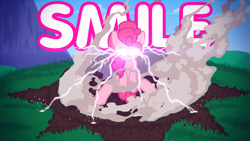 Size: 3840x2160 | Tagged: safe, artist:dersen, imported from derpibooru, pinkie pie, smile hd, crater, glowing, glowing eyes, grimdark source, grotesque source, imminent death, lightning, ponk, steam, xk-class end-of-the-world scenario