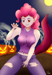 Size: 2350x3380 | Tagged: safe, artist:film77asq, imported from derpibooru, pinkie pie, human, werewolf, equestria girls, belly button, breasts, busty pinkie pie, clothes, female, halloween, holiday, jack-o-lantern, pumpkin, solo, torn clothes