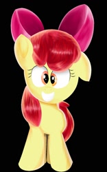 Size: 1063x1700 | Tagged: safe, artist:scratch1666, imported from derpibooru, apple bloom, earth pony, pony, black background, female, grin, one ear down, simple background, smiling, solo