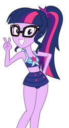 Size: 3111x5768 | Tagged: safe, artist:keronianniroro, edit, imported from derpibooru, vector edit, sci-twi, twilight sparkle, human, equestria girls, equestria girls series, forgotten friendship, adorkable, bare shoulders, bikini, clothes, cute, dork, female, front knot midriff, glasses, grin, looking at you, meganekko, midriff, one-piece swimsuit, peace sign, ponytail, sci-twi swimsuit, simple background, sleeveless, smiling, solo, swimsuit, transparent background, twiabetes, vector