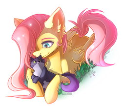 Size: 1619x1434 | Tagged: safe, artist:yuris, imported from derpibooru, fluttershy, cat, pegasus, pony, ear fluff, ears up, female, folded wings, grass, looking at someone, looking down, lying down, mare, prone, resting, shoulder fluff, simple background, solo, three quarter view, white background, wings