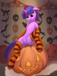 Size: 1498x2002 | Tagged: safe, alternate version, artist:foxpit, imported from derpibooru, twilight sparkle, pony, unicorn, clothes, female, halloween, holiday, mare, pumpkin, socks, solo, stockings, striped socks, thigh highs, unicorn twilight