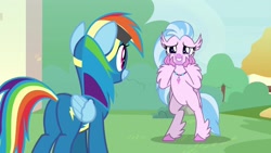 Size: 1920x1080 | Tagged: safe, imported from derpibooru, screencap, rainbow dash, silverstream, classical hippogriff, hippogriff, pegasus, pony, season 9, uprooted, spoiler:s09, 1080p, bipedal, butt, clothes, cute, diastreamies, dream, duo, female, hand on cheek, mare, plot, rainbutt dash, uniform, wonderbolts uniform