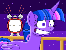 Size: 4862x3718 | Tagged: safe, artist:superhypersonic2000, imported from derpibooru, twilight sparkle, alicorn, pony, between dark and dawn, absurd resolution, alarm clock, clock, female, gritted teeth, mare, pinpoint eyes, pixel art, scene interpretation, solo, teeth, twilight sparkle (alicorn)