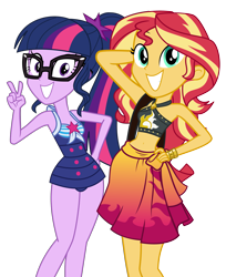 Size: 3535x4326 | Tagged: safe, artist:keronianniroro, edit, imported from derpibooru, vector edit, sci-twi, sunset shimmer, twilight sparkle, human, equestria girls, equestria girls series, forgotten friendship, absurd resolution, adorkable, bare shoulders, beach babe, belly button, bikini, clothes, cute, dork, duo, duo female, female, glasses, grin, high res, looking at you, meganekko, peace sign, ponytail, sarong, sci-twi swimsuit, simple background, sleeveless, smiling, stomach, sunset selfie, swimsuit, transparent background, twiabetes, vector