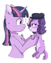 Size: 967x1196 | Tagged: safe, artist:paamyu, imported from derpibooru, twilight sparkle, dog, pony, unicorn, chest fluff, crossover, cute, duo, duo female, female, holding, littlest pet shop, looking at each other, looking at someone, question mark, simple background, transparent background, twiabetes, twilight barkle, unicorn twilight, zoe trent