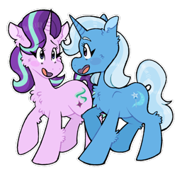 Size: 1230x1198 | Tagged: safe, artist:paamyu, imported from derpibooru, starlight glimmer, trixie, pony, unicorn, blushing, cheek fluff, chest fluff, duo, ear fluff, female, lesbian, looking at each other, looking at someone, mare, open mouth, open smile, shipping, simple background, smiling, smiling at each other, startrix, transparent background