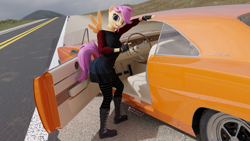 Size: 3840x2160 | Tagged: safe, artist:flutterpink_3d, imported from derpibooru, scootaloo, anthro, pegasus, plantigrade anthro, 3d, blender, blender cycles, car, clothes, dodge charger, looking at you, outdoors, road, solo, tongue out, vehicle