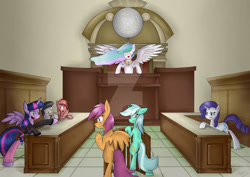 Size: 1024x725 | Tagged: safe, artist:sketchypon3, imported from derpibooru, lyra heartstrings, octavia melody, princess celestia, rarity, scootaloo, twilight sparkle, oc, alicorn, earth pony, pegasus, pony, unicorn, ace attorney, courtroom, deviantart watermark, obtrusive watermark, twilight sparkle (alicorn), watermark