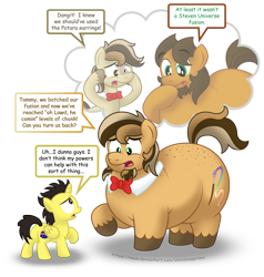 Size: 3000x3154 | Tagged: safe, artist:aleximusprime, imported from derpibooru, oc, oc only, oc:alex the chubby pony, oc:place holder, oc:tommy the human, alicorn, earth pony, pony, absolute unit, bowtie, child, chonk, colt, commission, commissioner:bigonionbean, fat, foal, fusion, male, oh lawd he comin, panicking, simple background, stallion, thought bubble, transparent background