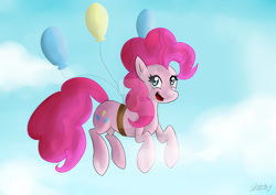 Size: 1024x725 | Tagged: safe, artist:sketchypon3, imported from derpibooru, pinkie pie, pony, balloon, deviantart watermark, floating, obtrusive watermark, signature, solo, then watch her balloons lift her up to the sky, watermark