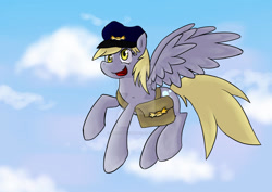 Size: 1024x724 | Tagged: safe, artist:sketchypon3, imported from derpibooru, derpy hooves, pony, bag, deviantart watermark, hat, mailbag, obtrusive watermark, solo, watermark