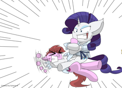 Size: 626x449 | Tagged: artist needed, safe, imported from derpibooru, rarity, oc, oc:kirbybot, pegasus, pony, unicorn, armbar, clothes, female, judo, karate, male, martial artist rarity, martial arts, submission hold