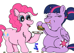 Size: 2289x1661 | Tagged: safe, artist:puffydearlysmith, imported from derpibooru, pinkie pie, twilight sparkle, alicorn, earth pony, pony, alternate hairstyle, belly, belly button, big belly, burger, chest fluff, chubby, double chin, fat, female, food, hair bun, lesbian, mare, messy eating, shipping, simple background, that pony sure does love burgers, transparent background, twilard sparkle, twilight burgkle, twilight sparkle (alicorn), twinkie