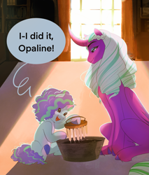 Size: 1611x1891 | Tagged: safe, artist:aztrial, imported from derpibooru, opaline arcana, alicorn, pony, unicorn, spoiler:g5, spoiler:my little pony: make your mark, bucket, candle, candle making, curved horn, cute, dialogue, duo, female, filly, filly misty brightdawn, foal, folded wings, freckles, g5, horn, indoors, looking at someone, looking at something, looking down, mama opaline, mare, markings, misty brightdawn, mistybetes, nicealine, open mouth, open smile, ringlets, sitting, smiling, speech bubble, sunlight, unshorn fetlocks, wax, window, wings, younger